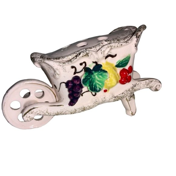 Pink WHEELBARROW Flower Frog Gold colored Trim -fruit on sides - Picture 1 of 10